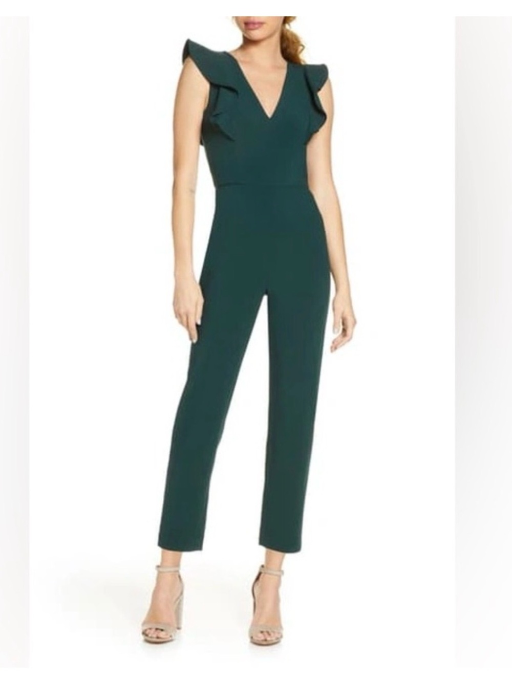 French Connection Emerald Green Ruffle Sleeve Tailored Jumpsuit Size 4